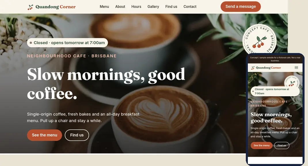 Screenshot of the Quandong Corner concept cafe website on a desktop and a phone